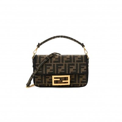 FENDI FABRIC JACQUARD FF 1974 MINI BAGUETTE TOBACCO MORO BLACK (18*11*7cm) 